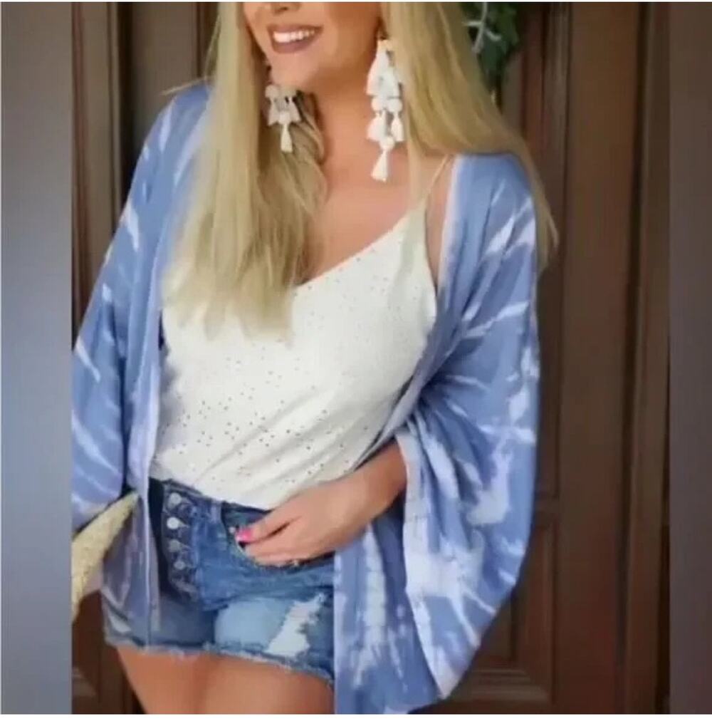 Sim & Sam Boho Kimono Sleeve Jacket Tie Dye Bleach Dyed White Blue L / XL NWT